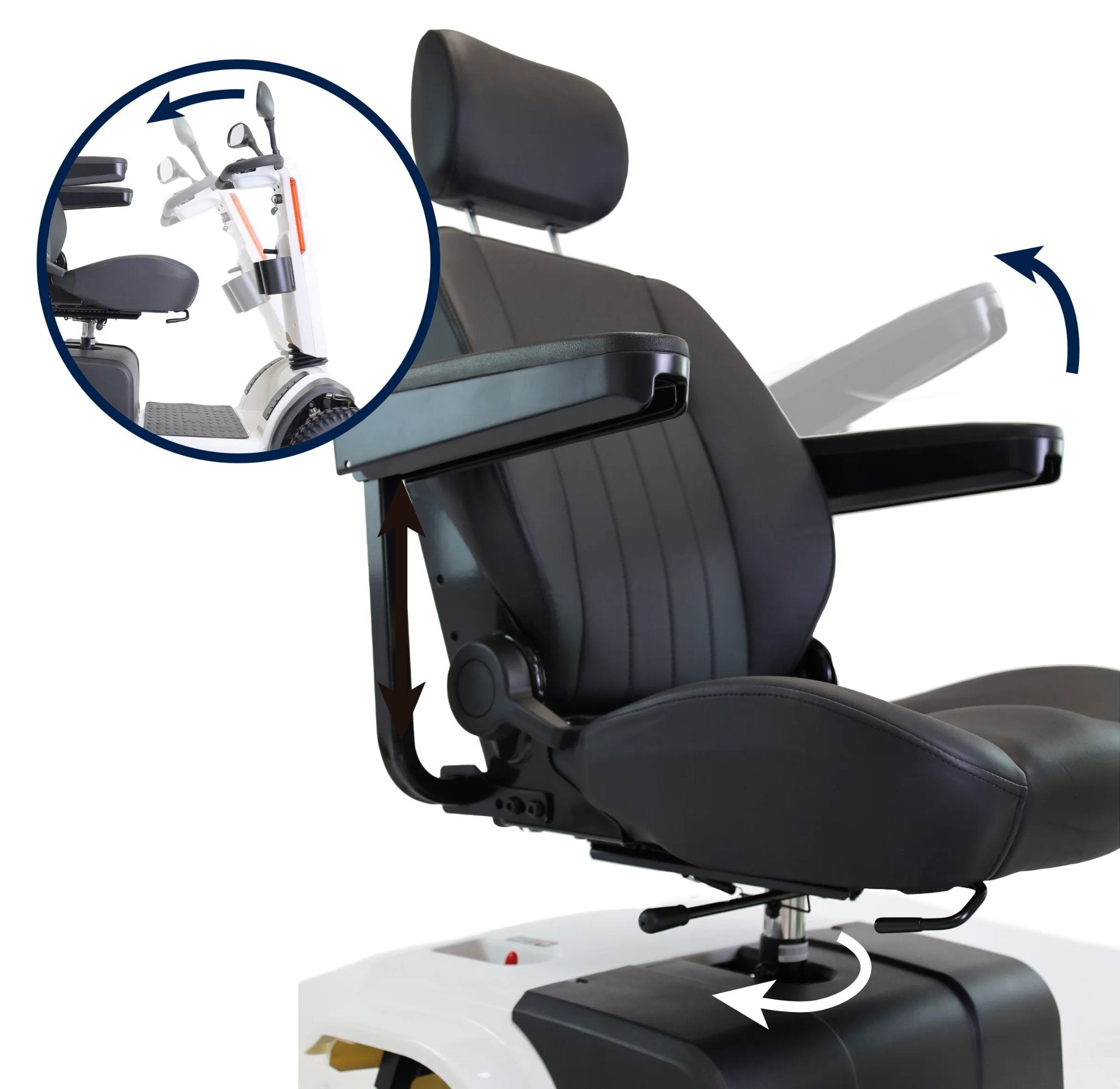 Elscooter terränggående - KMINA med tydlig bild av sits och armstöd för bekväm körställning.